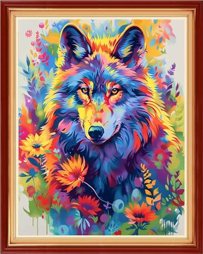 Image of Funchey Stamped Cross Stitch Kits, DIY Cross Stitch Pattern for Adults Beginners Needlepoint Kits Embroidery Kit Arts and Crafts 11CT-Colorful Wolf 16x20 inchs