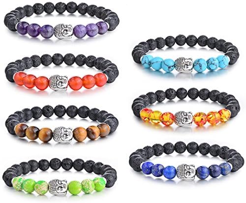 Sromay 7 Pcs Chakra Healing Bracelet Natural Lava Stone Essential Oil Diffuser Bracelet - Mala Meditation Buddha Head Buddhist Prayer Beads Bracelet for Men Women