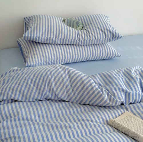 Image of PinkMemory Blue White Striped Duvet Cover Queen 100% Washed Cotton Stripes Patterned Duvet Cover Set Full 3pcs Retro Striped Bedding Set with Zipper Closure Corner Ties,Soft Breathable