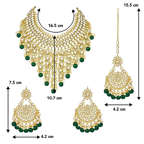 Image of Peora Kundan & Beads Studded Necklace Earrings & Maangtikka Set Ethnic Jewellery for Women & Girls