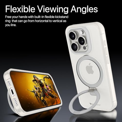Image of Vaku Luxos Astros Magpro Back Cover Case for iPhone 15 Pro Max with Magnetic Alloy Ring Metal Kickstand Scratch Resistant Slim Thin Military-Grade Protection Compatible with MagSafe - White