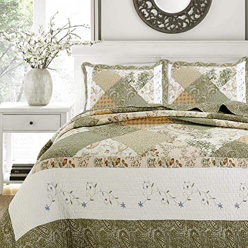 Cozy Line Home Fashions Floral Real Patchwork Green Beige Khaki Yellow Scalloped Edge Country 100% Cotton Quilt Bedding Set, Reversible Coverlet Bedspread (Laura, Queen - 3 Piece) #TOP1