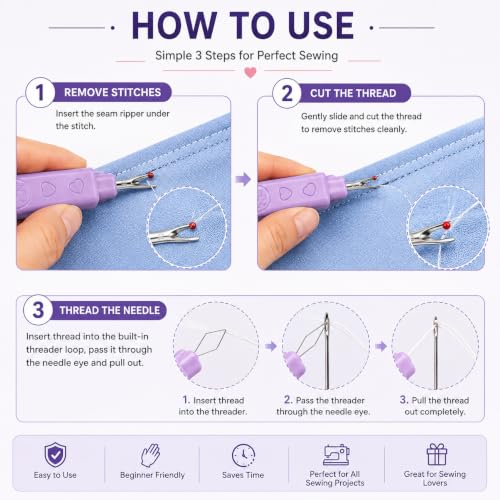 Image of Seam Ripper 3pcs Big Tool Set Piece Sewing Accessories Kit for Stitch Removal | Thread Cutting | Ideal for Sewing, Tailoring, DIY Projects | Stainless Steel Blades with Comfort Grip Handles (4, 2 in 1 Seam Ripper = 4pcs)