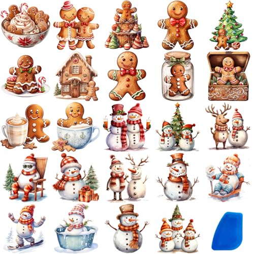 ZMRU 24 Sheets Vintage Christmas Rub On Transfers for Crafts, Rub On Transfers Christmas for Wood Slices,Furniture Decals, Glass, Leather, Canvas, Fabric Projects,3 * 3inch(Gingerbread and Snowmen)