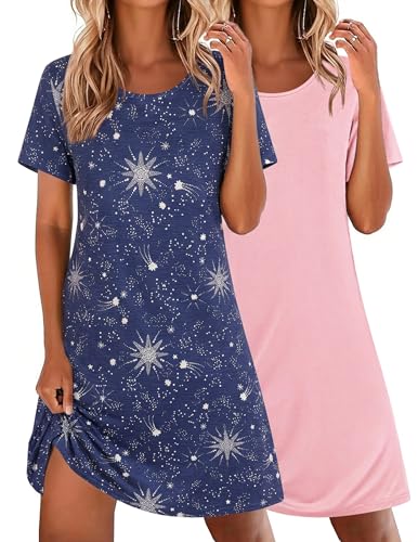 Image of Ekouaer 2 Pack Nightgowns for Women Sleepshirt Short Sleeve Night Shirts