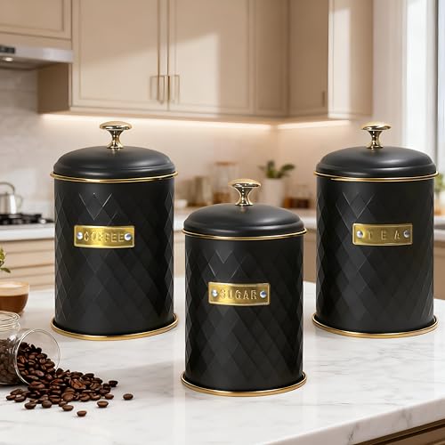 Limitless Essentials Tea Coffee Sugar Storage Canisters, Black Tea Coffee & Sugar Container Set, Labelled Gold Jars with Airtight Lids for Kitchen, Stainless Steel Caddy Pots - Image 2