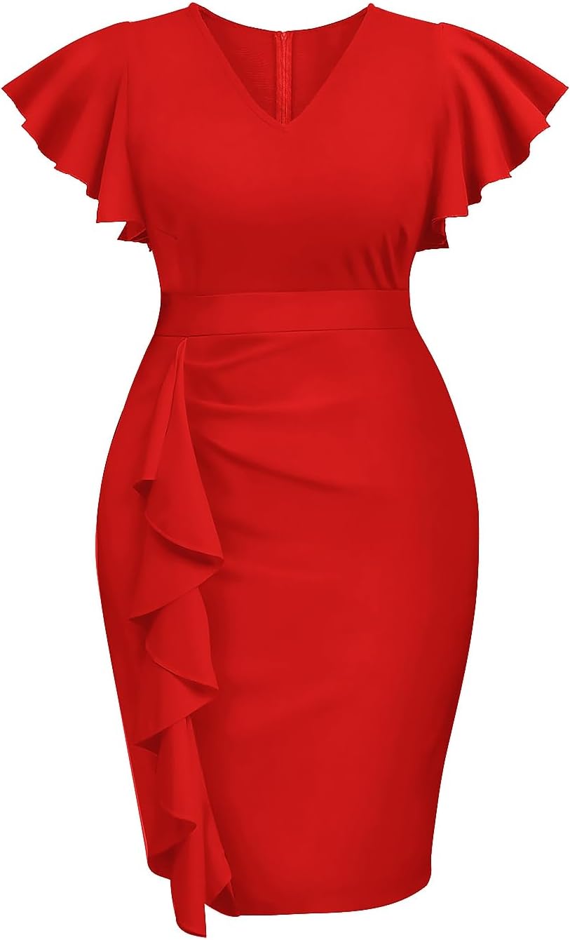 Plus Size Cocktail Dress - Wedding Guest Women Bodycon Vintage Ruffle Church Pencil Dress - Image 6