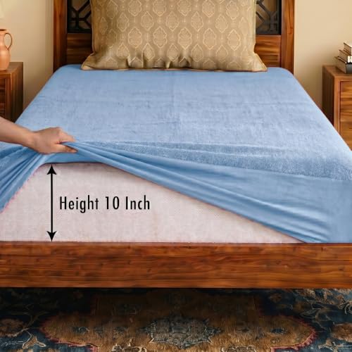 Image of Lithara Terry Cotton Fitted Mattress Protector for Single Bed | Waterproof & Elastic Band | Ultra Soft & Hypoallergenic Mattress Cover | Size : 36 x 72 Inches (3 x 6 Feet) | (Sky Blue)