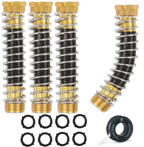 Morvat Garden Hose Protector, Brass Coiled Spring Kink & Strain Extension Connector for Outdoor Water Valve & Faucet, Adapter & Attachment with ¾ Standard Threading, Includes 4 Washers & Tape, 4-Pack