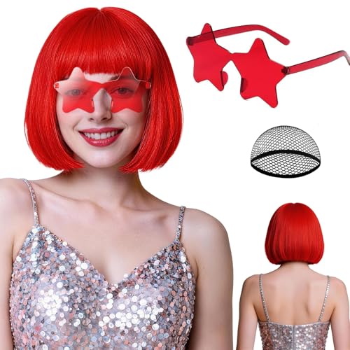 rookea Red Bob Wig with Star Sunglasses for Women Men Neon Party Colored Bob Wigs Synthetic Hair with Hair Cap for Christmas Halloween Costume Cosplay Party Bachelorette Drag Nightclubs
