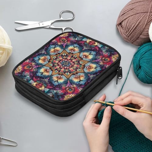 Image of Mandala Flower Crochet Hook Case Crochet Hook Holder Portable Storage Bag with Web Pockets Suitable for Needles /Knitting Accessories