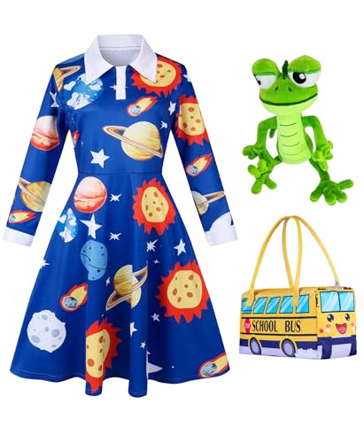 4 Pcs Ms Frizzle Dress Costume Women Teacher Halloween Costume Set with Wig School Bus Bag Plush Toys Accessories Set (Blue Dress, X-Large)