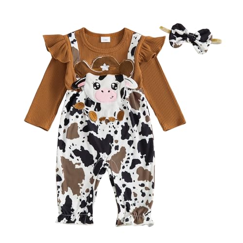 YINGISFITM Newborn Infant Baby Girl Clothes Fall Winter Cowgirl Long Sleeve Bubble Romper Rodeo Jumpsuit Cute Outfits (Cow, 3-6 Months)