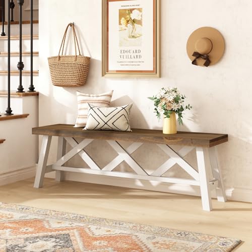Wnutrees 54" Farmhouse Wood Bench, Rustic Solid Wood Entryway Bench Seat with Double X-Structure for Dining Room, Living Room, Hallway, Structural Stability, White by Wnutrees - Image 2