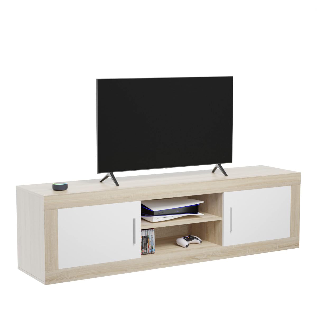 Somnia - Mueble de TV Moderno Modelo Mandi, 2 Compartimentos de Almacenamiento y 2 Puertas, Color Cambria - Blanco, Medidas: 50cm (Alto) x 180cm (Ancho) x 41,4cm (Fondo)
