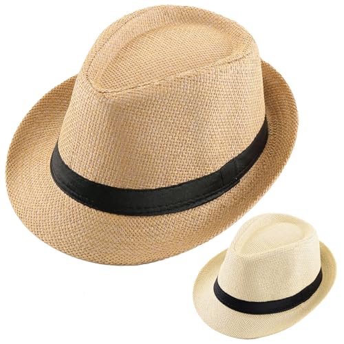 2 Pack Straw Fedora Hats for Men and Women, Short Brim Summer Beach hat, Trilby Panama Sun Hats. (US, Alpha, Medium, Large, Beige/Khaki (Size :M- L))