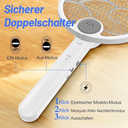 WOCVRYY Elektrische Fliegenklatsche 4000V 1800mAh 3 in 1 Automatische Fliegenklatsche Type C wiederaufladbare LED mit Sicherheitsnetz,geeignet für den Innen und Außenbereich