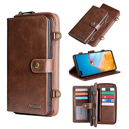 Preisvergleich Produktbild Shazikaihui Handykette Kompatibel mit Huawei P40 Lite hülle Leder Schutzhülle Geldbörse, Abnehmbare Magnetverschluss Handyhülle, 2 in 1 Abnehmbare Wallet Handyhülle für Huawei P40 Lite (Braun)