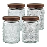 24 OZ Airtight Glass Storage Jar with Bamboo Lid - Vintage Glass Jar Vintage Food Containers Canisters Set for Kitchen Counter & Pantry - Ideal for Sugar, Flour, Coffee, Tea, Candy, Oats -4 Pack
