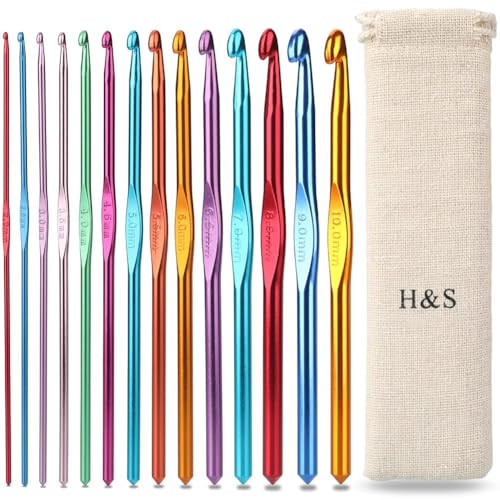 H&S Crochet Hooks Set & Needles Aluminium with Pouch Case for Beginners - 14pcs (2mm to 10mm Crochet Hook)