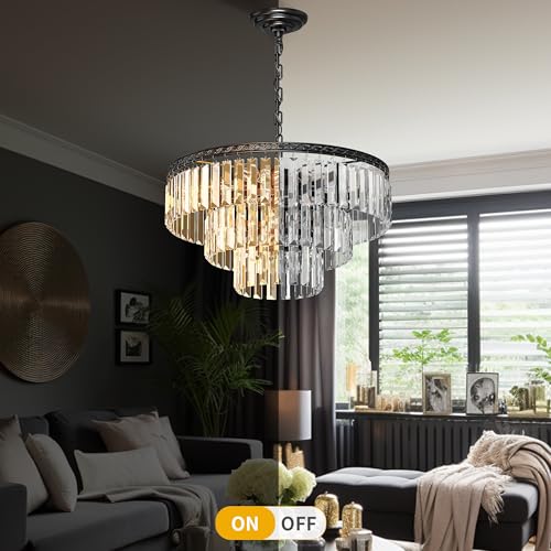 DWVO Black Crystal Ceiling Light Pendant Light 20in, 9-Light Round 3-Tier Adjustable Hight Modern Luxury Crystal Chandeliers for Living Room Entryway Bedroom Dining Room - E12 Base
