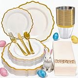 Glowserve 175 Plastic Dinnerware Set Gold Disposable Dinnerware Set for 25 Guests Include 50 Plastic Plates 25 Silverware Set 25 Cups and 25 Napkins for Easter Party Wedding Birthday