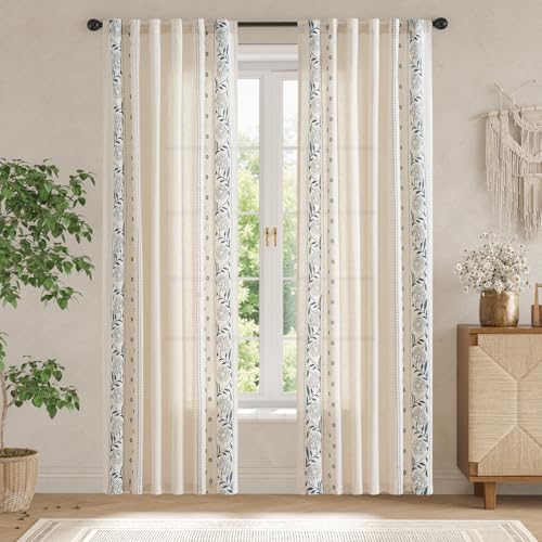 Image of jinchan Blue Floral Linen Curtains for Living Room 90 inch Back Tab 2 Panels