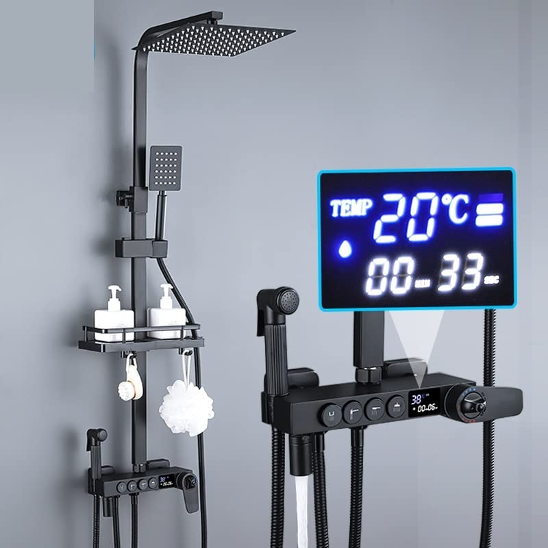 Set de Ducha, Juegos de grifos de Ducha termostáticos de Cromo Negro Pantalla Digital, Mezclador de Ducha de baño, de Ducha de latón, Juego de Ducha de Lluvia(Thermostatic-3ways-A)