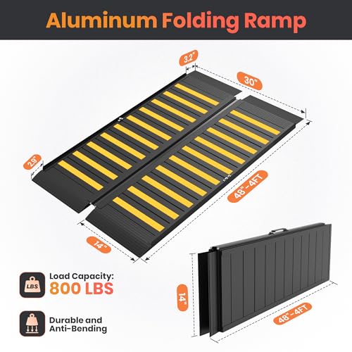 Nuvium 4FT Portable Wheelchair Ramp with Handle, Non-Slip Aluminum Ramps for Wheelchairs for Home, Folding Handicap Wheelchair Ramp for Doorways, Thresholds, Steps, Curbs, Stairs, 800 LBS Capacity