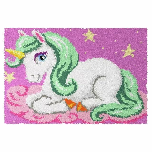 ROCKY&CHAO Green-Haired Unicorn Latch Hook Kits 50X38CM, DIY Latch Hook Rug Kit, Cross Stitch Rug Making Kit