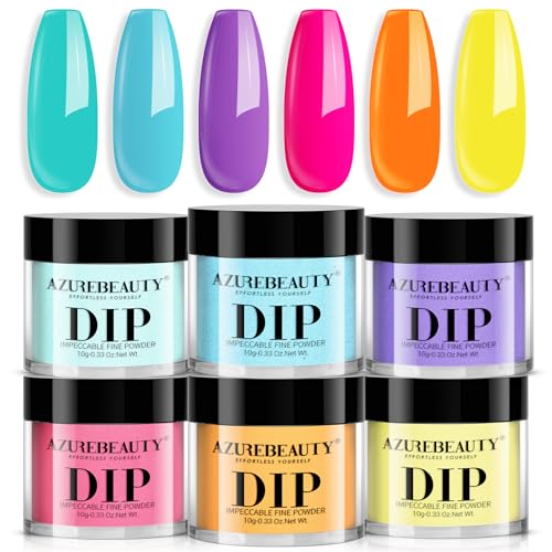 AZUREBEAUTY Bright Summer Dip Powder Nail Set, 6 Colors Pink Blue Purple Yellow Orange Dipping Powder Nail Starter Kit French Art Manicure DIY Mother's Gift for Women, No Need Nail Lamp Cured