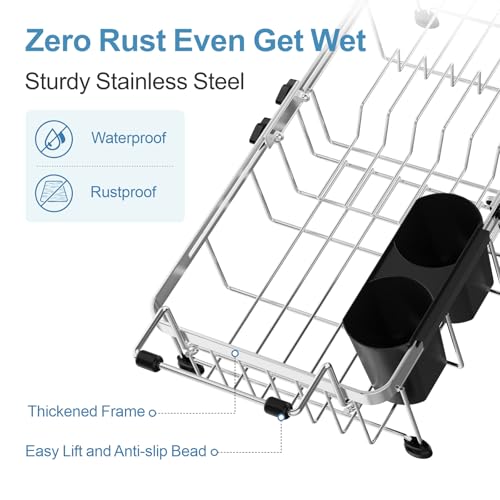 GSlife Expandable in Sink Small Dish Drying Rack - Stainless Steel Capacity Adjustable Over The Sink Dish Rack with Cup Holder and Utensil Holder, 30.5-42.7L x 26.4W x 14.5H cm, Silver by GSlife - Image 4