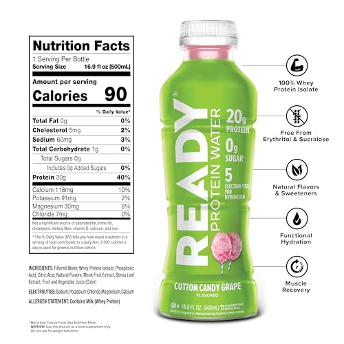 Image of Ready Clear Protein Water, Cotton Candy Grape, 20g Protein Isolate, 12 Pack | 0 sugar, Low-calorie sports drink with electrolytes & essential amino acids for hydration & recovery; 16.9 fl oz