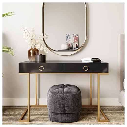 BELLEZE Home Office Two-Drawers Computer Desk Vanity Table, Wood and Metal, Black and Gold