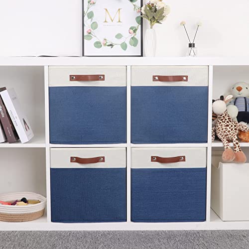 Temary Fabric Storage Bins For Cube Organizer 8 Pack Cube Storage Bins Storage Cubes For Shelves Storage Baskets For Organizing Toys, Books, Clothes, Towels (White & Blue, 13X13X13 Inch) #TOP5