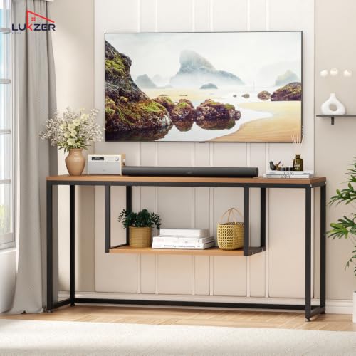 Image of Lukzer TV Unit Stand for TVs up to 43 Inch Engineered Wood with Metal (MTU-002 /Black & Oak Brown) Open Shelf Storage Console for Living Room, Set Top Box, WiFi Router, Speakers (110 x 56 x 30 cm)