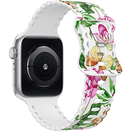 Image of Compatible with Apple Watch Band 41mm 40mm 38mm 49mm 45mm 44mm 42mm Women Girl, Butterfly Print Lace Hollow-out Soft Silicone Sport Bands For iWatch Ultra SE Series 10 9 8 7 6 5 4 3 2, Butt-38