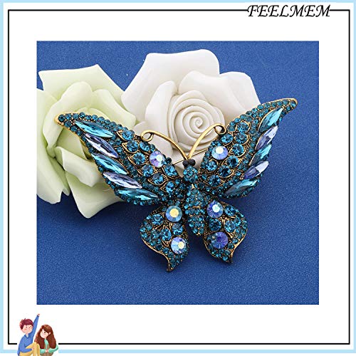 Image of FEELMEM Crystal Rhinestone Butterfly Brooch Pin Blue Color Butterfly Brooches for For Women Wedding /Banquet /Birthday Party