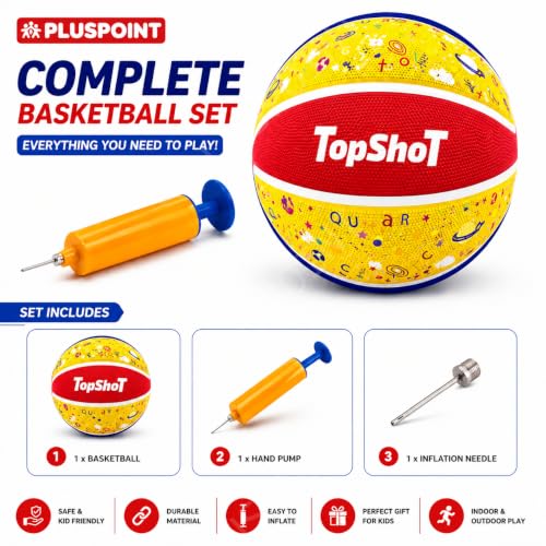 Image of PLUSPOINT Basketball for Kids with Air Pump | Colorful Printed Rubber Basketball for Indoor & Outdoor Play | Training Sports Ball for Boys & Girls | Easy Grip Recreational Basket Ball