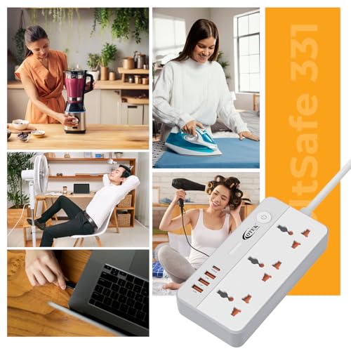 Image of OTEK VoltSafe 331 Extension Board with 3 Universal Sockets,3 USB,1 Type C Ports,2 Meter Cord,2500 Watts,10A,Surge Protector for Home & Office Appliances Abs Body Color White