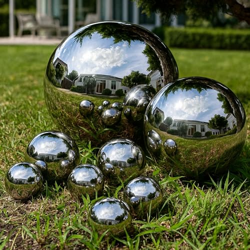 Köhko 8er Set Dekokugeln in 4 unterschiedlichen Größen (1xØ28cm, 1xØ18cm, 2xØ9cm und 4xØ6cm) Glänzend polierte Edelstahlkugel Gartenkugeln Teichkugeln