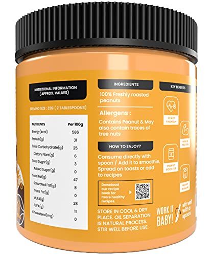Image of Nutrio 100% Natural Peanut Butter Unsweetened 350gm (Crunchy) || Made with 100% Roasted Peanuts | No Added Sugar | No Added Salt | No Added Oils | Zero Cholesterol | Vegan (350 GM)