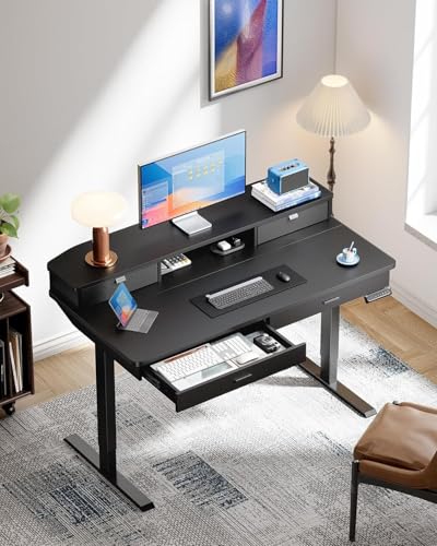 Image of HUANUO 55 x 30 inch Standing Desk with Wood Drawers,Electric Stand up Home Office Desk Adjustable Height with Two Tiers, Black Ergonomic Stand up Desk with Monitor Stand