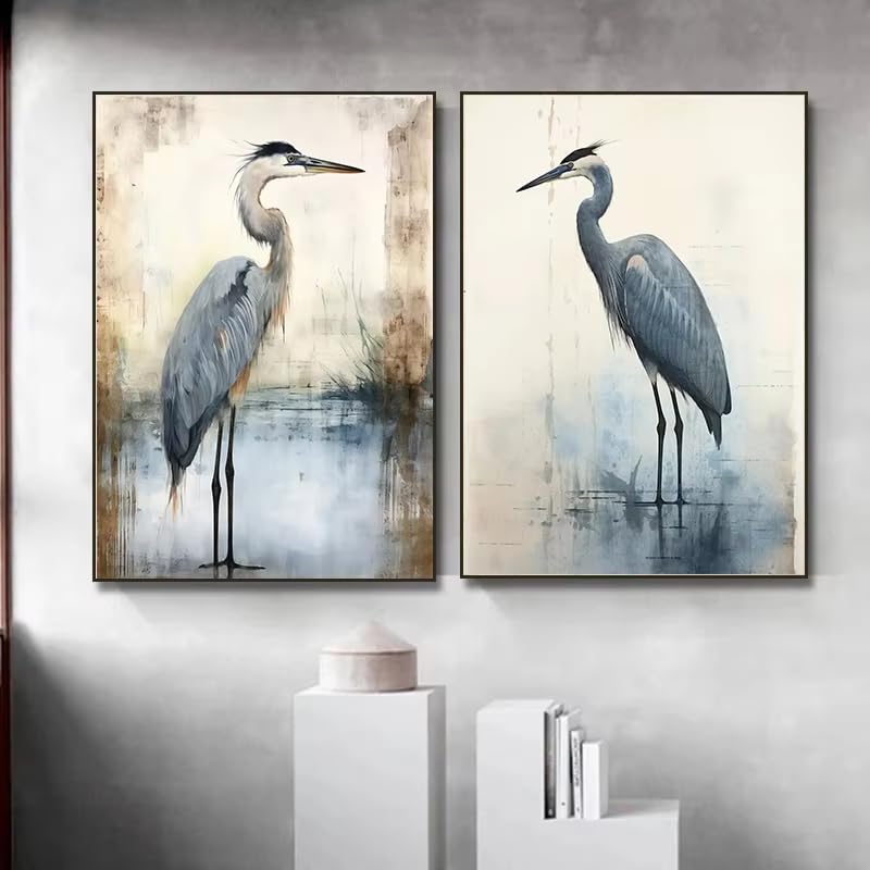 Héron bleu minimaliste en affiche aquarelle rétro sur toile encadrée
