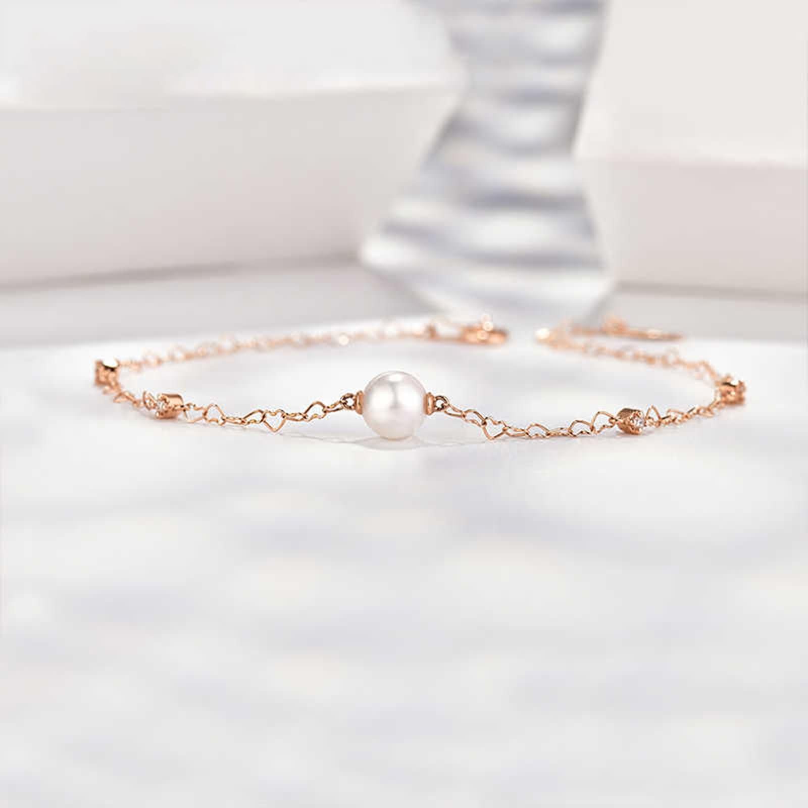 Pulseras Oro Rosa Mujer 9 Kilates / 14 Kilates / 18 Kilates, Corazón Hueco y Perla de 5,5-6 MM con Diamante, Cadena 16 CM, Pulseras de Mujer de Oro Rosa