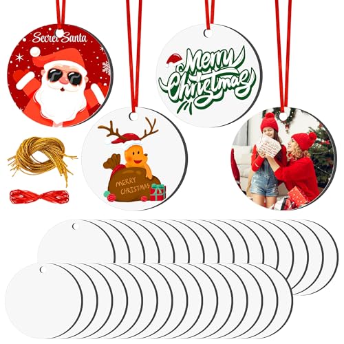 Joyclub 35 Pcs 3'' Sublimation Ornament Blanks MDF Sublimation Christmas Ornaments Bulk Round Double Sided Ornaments for Personalized Xmas Tree Ornament Home Decor DIY Crafts