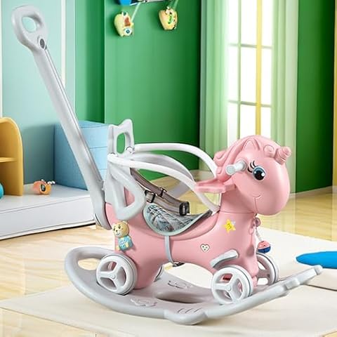 Leavader Rocking Horse for Toddlers, Multifunctional 4 in 1 Design Kids Rocking Horse, Toddler Ride on Toys, Balance Bike, Push Cart with Detachable Board, Ideal Gift for Children (Pink - XL) Cover
