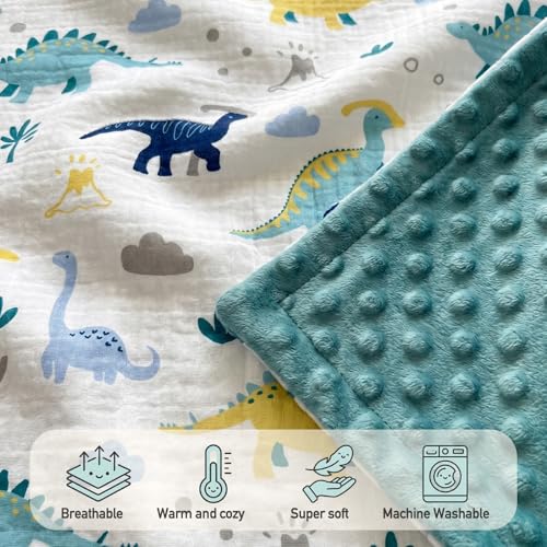 Image of GLLQUEN BABY Blankets for Boys, Soft Muslin Cotton Front Dotted Fleece Backing, Nursery Minky Crib Blanket for Infant Toddler, 30 x 40 inches Throw Blanket, Dinosaur