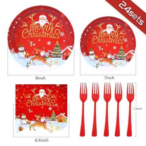 Christmas Paper Plates and Napkins Set, Christmas Plates Cups Napkins Forks Tablewares Party Supplies Serve 24 – Image 4