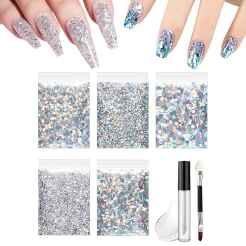 Nail Art Glitter Nail Sequins Glitter Metallic Shining Flakes Powder Sequins with Glue and Brush Manicure Tips Nail Art DIY at Home Nail Supplies Nail Decorations Accessories